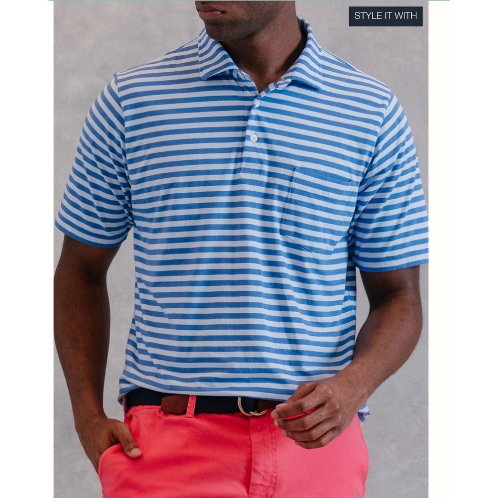NEW B. DRADDY Men's Medium Pima Cotton Stretch Golf Polo Striped Light Blue